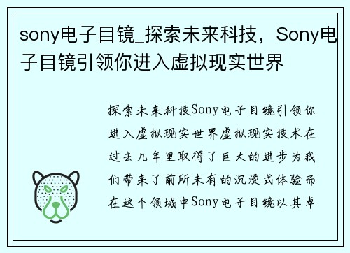 sony电子目镜_探索未来科技，Sony电子目镜引领你进入虚拟现实世界